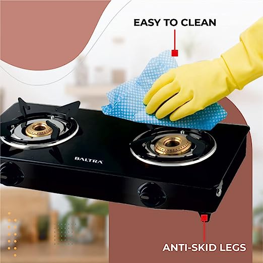 Baltra Glimmer Glass Top Gas Stove 2 Brass Burner Manual Ignition, Black (ISI Certified 2 year warranty with Doorstep Service) Baltra Glimmer Glass Top Gas Stove 2 Brass Burner Manual Ignition, Black (ISI Certified 2 year warranty with Doorstep Service)